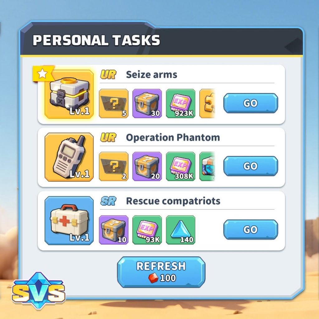 SVS Fantasy Oasis Special Operations Guide: Tasks, Refresh & Dispatch SVS Fantasy Oasis Special Operations Personal Tasks screen with UR and SR missions